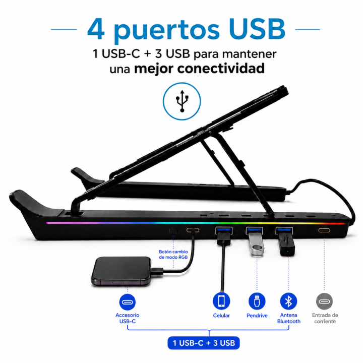 Soporte para Notebook Plegable RGB con Hub USB