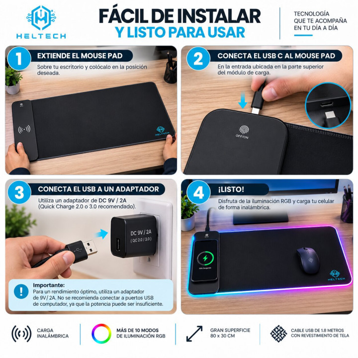Mousepad XL RGB con módulo de carga inalámbrica